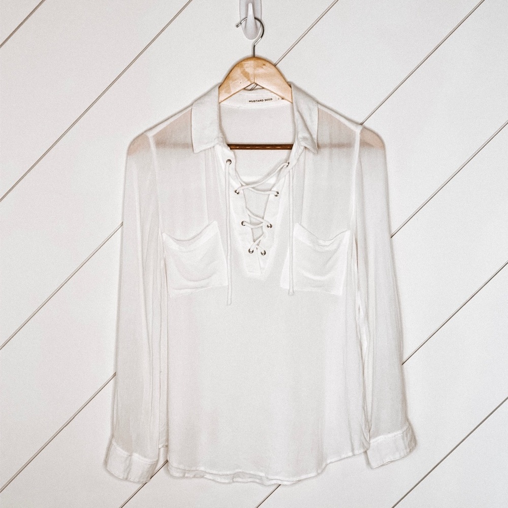 Mustard Seeds white lace-up blouse, S
